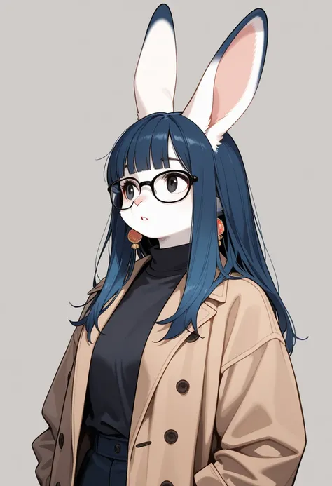 1girl, (furry, kemono:1.4), rabbit girl, animal nose, rabbit ears, solo, blue hair, glasses, long hair, coat, black-framed eyewear, jewelry, earrings, long sleeves, blunt bangs, grey background, parted lips, looking to the side, simple background, asian, b...