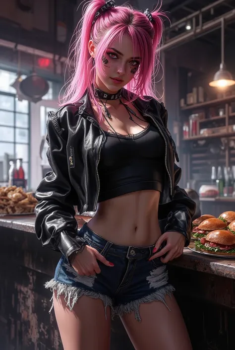 4K anime style quality, digital drawing mode, a rebellious and free-spirited young woman with long pink hair tied in a messy bun, piercing pink eyes, and a mischievous grin, wearing a cropped black leather jacket over a tank top and shorts, standing in a r...