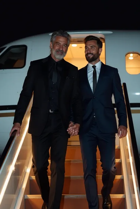 Tall and muscular mature Arab man with slightly gray hair who wore a black suit with a black shirt and black silk tie holding his now husband, A muscular young man, Blonde with a trimmed beard, dressed in a dark blue two-piece suit with white shirt and pal...