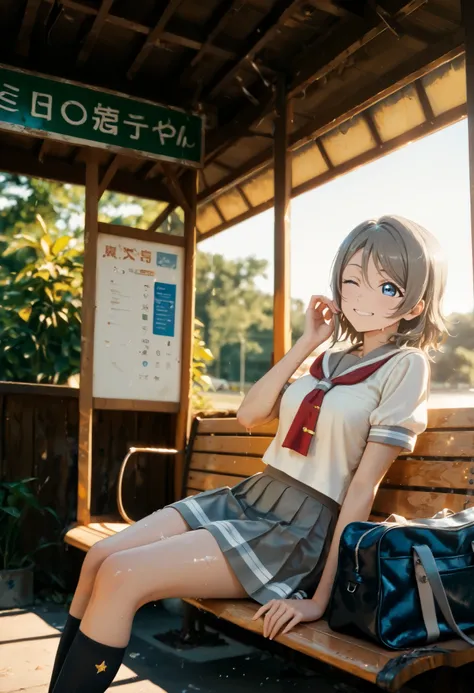 1girl, solo, watanabe_you, love_live!_sunshine!!, blue eyes,grey hair,uranohoshi_school_uniform, summer uniform, short sleeves, grey_sailor_collar,grey skirt,serafuku,black socks, Dry laugh,school bag, bus stop,sit on bench, melting hot,one eye closed, wip...