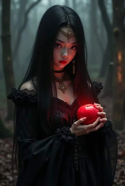 ((RAW Photo), absurd, (absurdresolution)), masterpiece, best quality, (Extremely detailed 8k unity CG wallpaper), (best illustration), (best shadow), Realistic lighting, beautiful detailed glow, ((21 years old)), girl, long black hair, black queen, accesso...