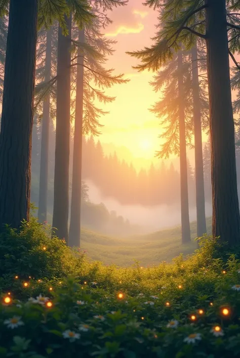  An enchanted forest at dawn , with tall trees,  soft fog floating in the air and golden sunlight filtering through the leaves.  The environment is serene ,  with vibrant green foliage and delicate flowers .  Some firefly lights shine in the distance .  Th...