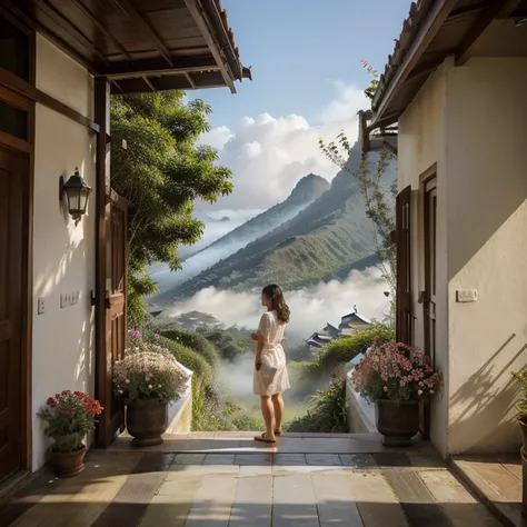 Fine art painting. There is a woman standing in front of the door of Tha Pae, on the way there are flowers in full bloom, beautiful sunlight, behind the Doi Inthanon there is fog.