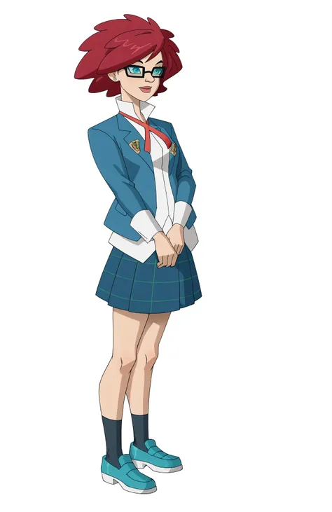 score_9, score_8_up, score_7_up,((best quality)), absurdres, ((full body)), EVPXL, short hair,blue eyes, skirt, ribbon, school uniform, jacket,red hair, shoes, glasses, socks,plaid skirt, blazer, aqua shoes, white background