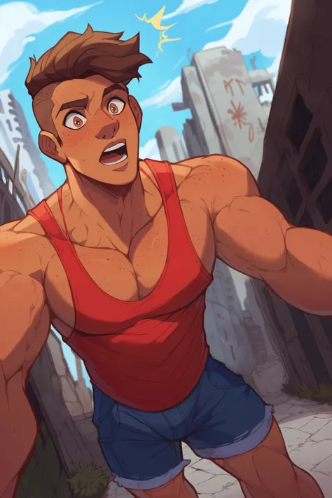 2D male character, athletical body, badboy, tans skin with freckles, undercut brown hair, grins face, half opened red tank top with denim vest, background of room in abandoned building, concrete with graffiti, male focus, leaning forward, looking down at v...