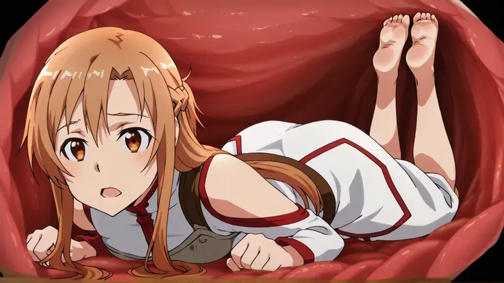 anime screencap, asuna, kb lieutenant outfit, barefoot, fullbody, sole feet, inside a stomach
stomach interior, open mouth, front view shot,