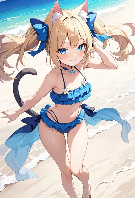   one girl、  blonde、Blue Eyes、Cat ears、 cat's tail、 small breasts、 armpits、 twin tails、Frilled swimsuit、Walking on the beach、 to have a bright smile 、Young appearance、 short、Seductive thighs 