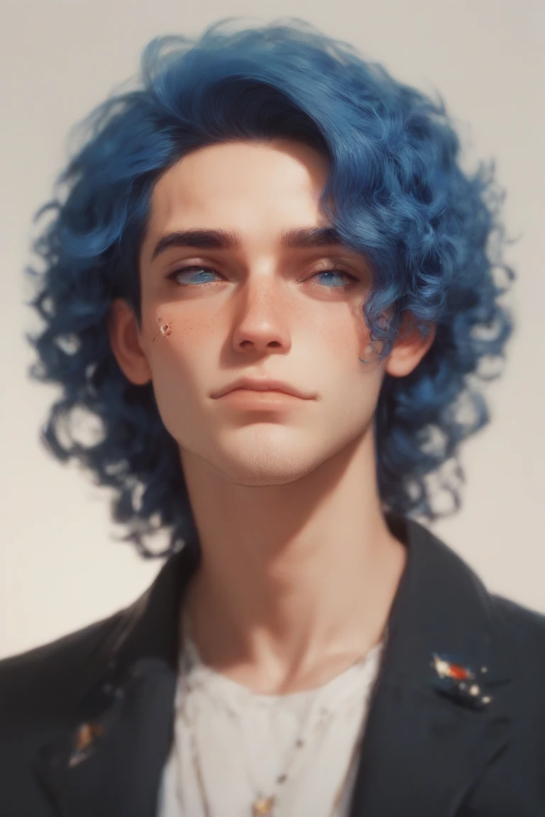  Handsome young guy. sunburnt. black. Long curly blue hair.  elongated face.  blue eyes.  thin and tall 