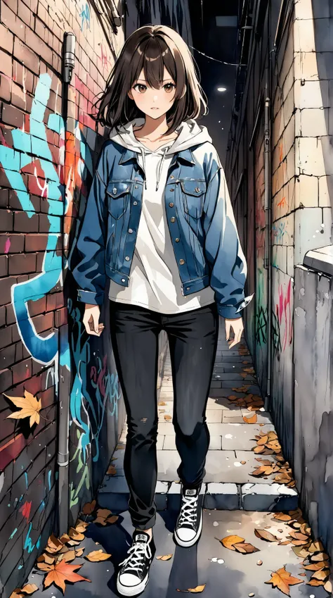 light watercolor, An image of a dead leaves are falling grimy alleyway, graffiti-covered walls, a dark brown eyes and dark brown medium hair standing girl, her eyes fighting spirit and shining.
casual wear, hoodie, denim jacket, black denim pants, converse...