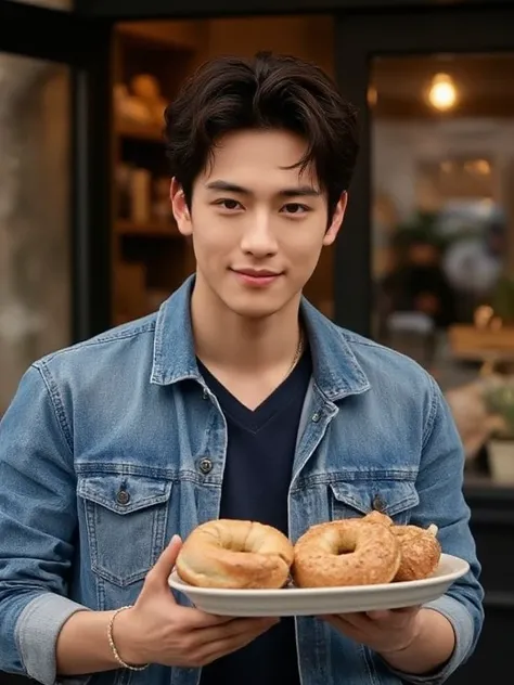 a man standing in front of a bakery holding a tray of food, a portrait, inspired by Reuben Tam, wearing a jeans jackets, justin sun, headshot, commercial, bagels, asian male, promotional image