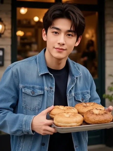 a man standing in front of a bakery holding a tray of food, a portrait, inspired by Reuben Tam, wearing a jeans jackets, justin sun, headshot, commercial, bagels, asian male, promotional image