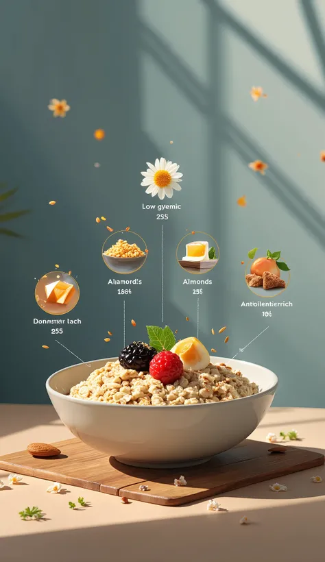  Minimalistic background with infographic :  “Low Glycemic Oatmeal Stabilizes Sugar”,  “Antioxidant-Rich Berries” ,  “Almonds — Healthy Fats and Fiber” . Light animated food icons .