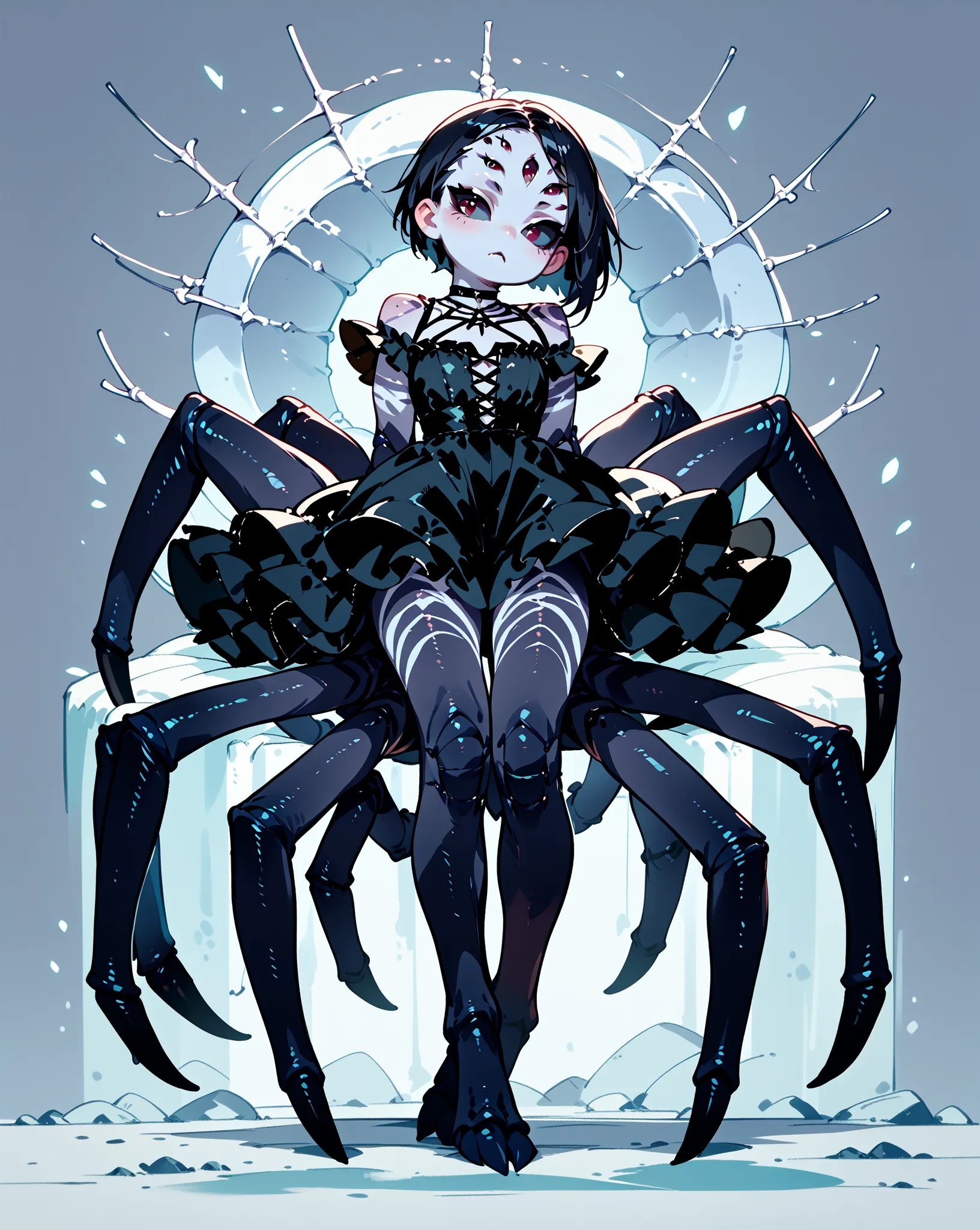 One monster girl(Arachne)、 Shoulder Outfit Dress ( black)、Lower body of a spider、pointed spider legs、full body