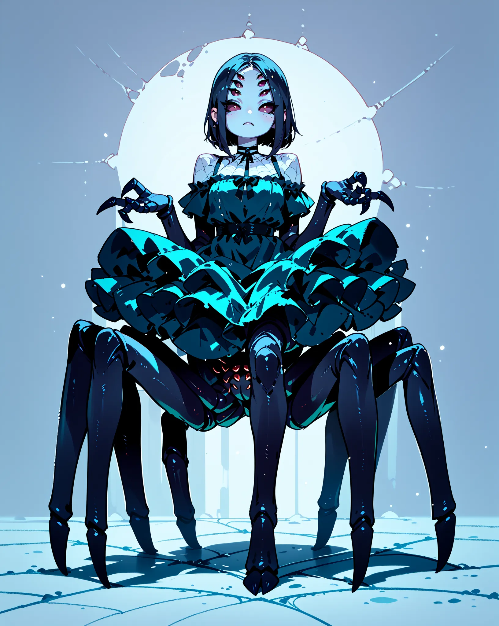 One monster girl(Arachne)、 Shoulder Outfit Dress ( black)、Lower body of a spider、pointed spider legs、full body