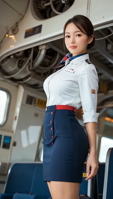 (((( Masterpiece)))), (((( top quality)))), nothing ,fine grain, detailed face, Detailed Expression Description , fine grain 、 detailed face、 detail hair 、 Sparkling Skin 、sweat、, Japan airline's flight attendant , A uniform that fits the skin ,  , tight s...