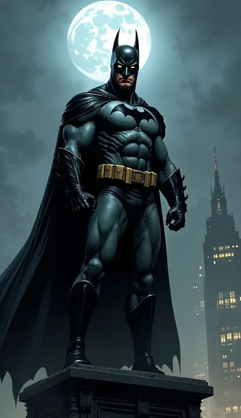 "An impressive illustration of Batman,  portrayed as a strong and imposing hero .  He is standing on top of a gothic building From Gotham, with his cloak fluttering in the wind.  His detailed black armor reflects the moonlight ,  highlighting his muscular ...