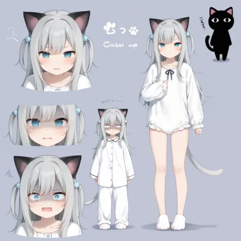 amashiro_natsuki, hair bobble, CHARACTERS-nekohashizuku, one girl, Black cat ears, short gray tail, blue eyes, gray hair, petite body, , short legs, bedroom, disgusted Eye expression, cute cat paw one-piece pajamas, Make an aggressive stanceLook straight i...