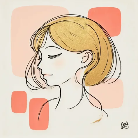 Girl's head with a single stroke, soft medium hair, eyelashes, random arrangement of three rounded squares of different sizes on the background, rounded squares are pale pink, pale red, gold, masterpiece respectively