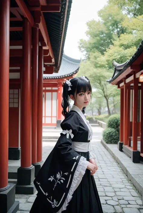 An anime-style girl about  with black hair and twin tails。
Clothes are white gothic lolita clothes。In clear weather、They seem comfortable taking a walk at the shrine。