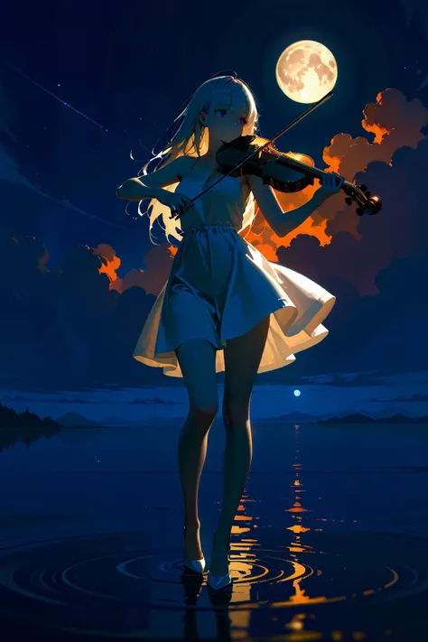 masterpiece, best quality, 1girl, full body, slim body,slim legs,playing violin,white dress,night,moon,shootig star,cloud,lakeshore,