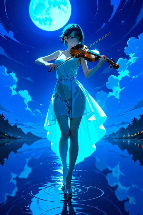 masterpiece, best quality, 1girl, full body, slim body,slim legs,playing violin,white dress,night,moon,shootig star,cloud,lakeshore,