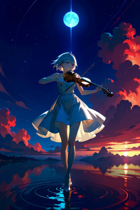 masterpiece, best quality, 1girl, full body, slim body,slim legs,playing violin,white dress,night,moon,shootig star,cloud,lakeshore,