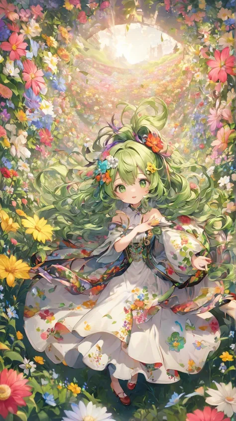 1 shot showing the whole body、A shot with all the heads in it、 cute 、  She's a girl with green eyes shaped like flowers,   she has long curly hair tied in two , Her hair is gray with highlights.    The girl with thin sleeves    ,   on the tip of her dress ...