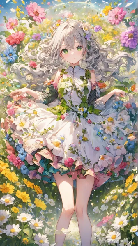 1 shot showing the whole body、A shot with all the heads in it、 cute 、  She's a girl with green eyes shaped like flowers,   she has long curly hair tied in two , Her hair is gray with highlights.    The girl with thin sleeves    ,   on the tip of her dress ...