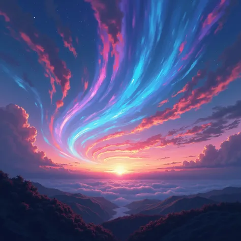 Many colors streak sky to the East, rise, then repeat, Dreamyvibes Artstyle, great lighting, Rim Lighting, bioluminescent, glowing