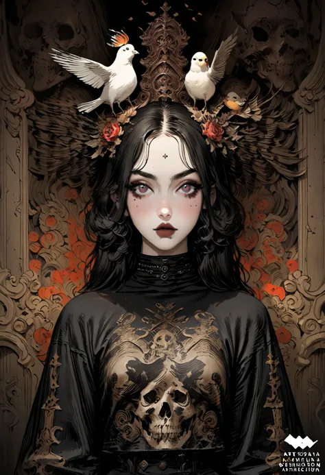 a close up of a painting of a woman with a bird on her head, a detailed painting by amano, Artstation, gothic art, bastien yoshitaka amano, sergio toppi, style of yoshitaka amano, laurie greasley and james jean, joao ruas, paul pope, tsutomu nihei art
