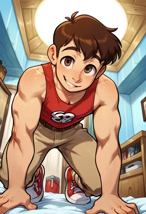 8k, score_9, score_8_up, score_7_up, masterpiece, bludwing-style, 1boy, muscular twink, broad shoulders, lean, handsome, cute face, Kyl, brown hair, brown eyes, male focus, handsome face focus, lying on a bed,
red tanktop, brown pants, red sneakers, bedroo...