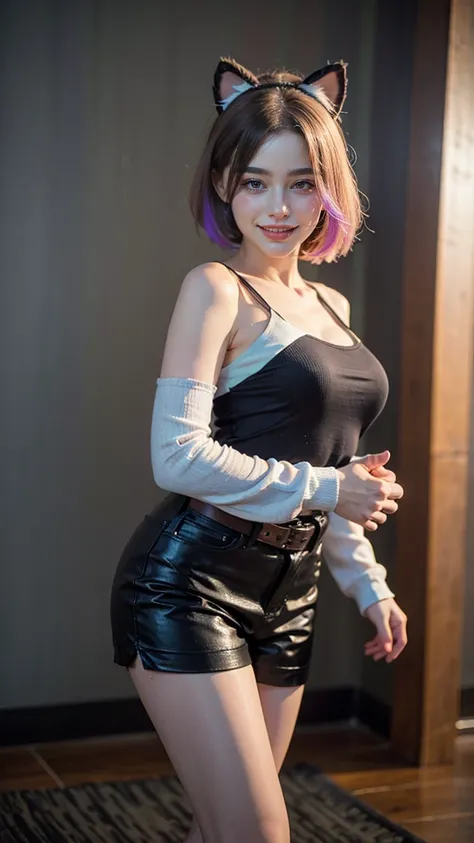 1 woman, mature woman, solo, NOT DASHA TARAN, full body standing, perfect body, best quality, 32k, photograph, full body (head to toe), tone mapping, perfectly straight back, ((houjou satoko, short hair, rainbow colors mix hair, violet eyes, hair between e...