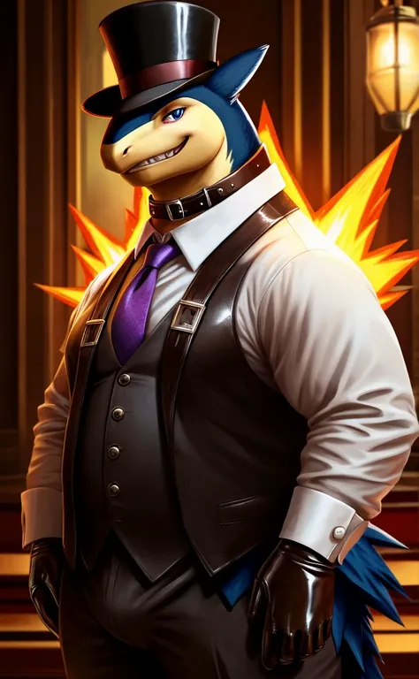 Solo, Male, close up, fat, musclegut, obese, steampunk, 1920s gentleman, dapper Typhlosion, tilting head down, blue eyes, wearing a big leather collar around his neck, (soft shading), 4k, hi res, ((detailed face, detailed)), looking at viewer, evil grin, c...