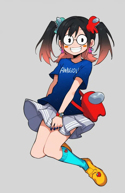 score_9, score_8_up, score_7_up,((best quality)), absurdres, ((full body)), AUGPXL,skirt, glasses, black hair, multicolored hair, jewelry, blue shirt, earrings, short sleeves, twintails, gradient hair, socks, bag, pleated skirt, shoulder bag, grey skirt, h...