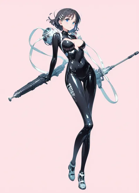  great quality,   top quality with full nudity behind，Hayashi Miwako  ， her breasts are so soft，   blue eyes，  dark hair， alone,   Shoot her full body  　， pink background, latex rubber suit costume， standing，Armor weapons of the near future