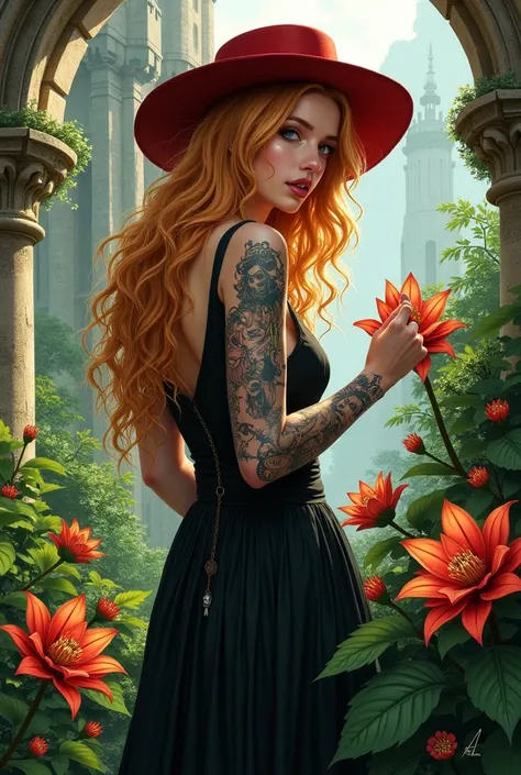 hyper detailed illustration of a beautiful woman with long, messy, layered, light orange hair, long black dress with plunging neckline, red Renaissance painter's hat, medium breasts, tattoos with comic book characters on her arm, watering bromeliads in the...