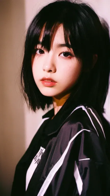 ultrahigh-res,best quality and best aesthetic,(film photography:1.2),film grain,film particles,grainy,full body shot,flash photography, a photo of a 20-year-old Japanese idol, solo focus, black hair, looking at viewer, mascara,black eyes,shorthair, eye sha...