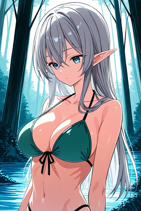 Upper body, 1girl, solo, elf, silver long hair, large breasts, skinny body, forest bikini 