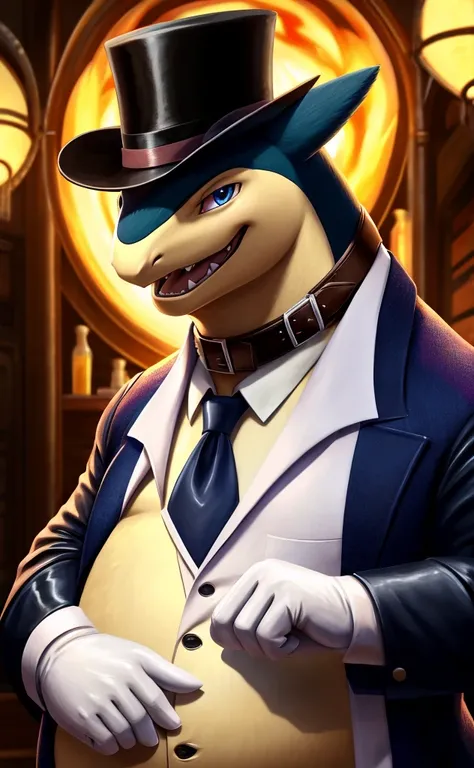 Solo, Male, close up, fat, musclegut, obese, steampunk, 1920s gentleman, dapper Typhlosion, tilting head down, blue eyes, wearing a big leather collar around his neck, (soft shading), 4k, hi res, ((detailed face, detailed)), looking at viewer, evil grin, c...