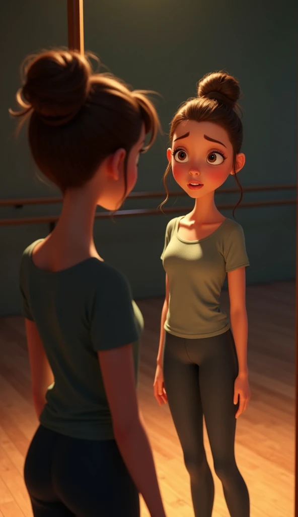 Create a Disney Pixar style close-up shot of a young woman, Lena, with brown hair in a messy bun and a focused expression, standing in front of a mirror. She is wearing casual dance clothes, looking disappointed. The setting is a dimly lit dance studio, an...