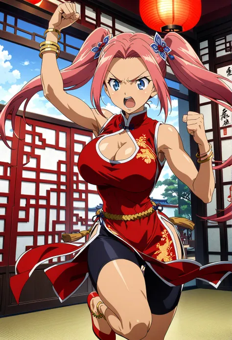 Strong-willed,excitement,martial artist,forehead, toned female, 1girl , paper lantern,Winning spirit,Alone,ldress,blue eyes,abs long hair,jewelry,twintails,china dress,red clothes,Young lady,crimson pink hair,sleveless,fighting stance,thigh gap,chinese roo...