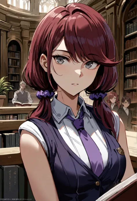  (Masterpiece, best quality), intricate details, stoic ,((gray eyes, swept bangs)), thin,swept bangs, dark red hair, low twin tails, hair ribbons, ribbed purple school vest, sleeveless collared shirt, ((long swept bangs)), small breasts, toned arms,reading...