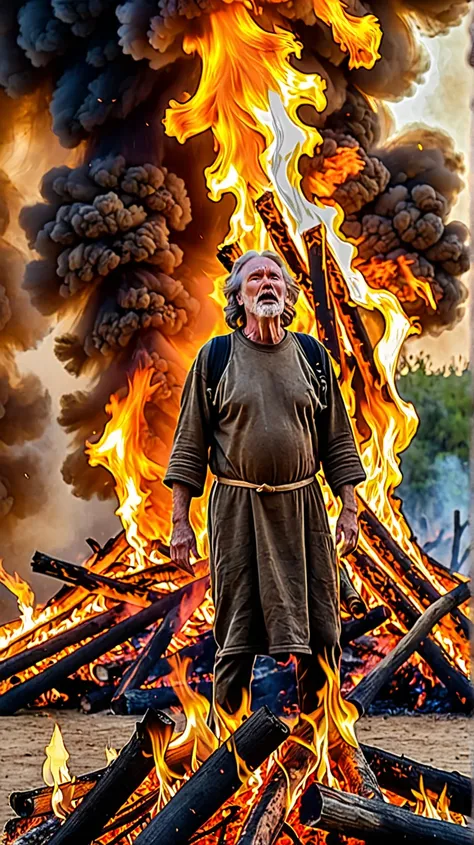 A picture of a person in the middle of a fire who will not burn and the whole world is gathered around the fire shocked because he will not burn and he is old and the fire is very strong with a height of 2m and it looks like it was in a prehistoric time