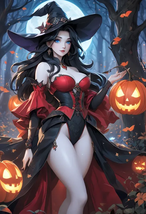 A sexy witch in red with white skin blue eyes long black hair in an enchanting magical place