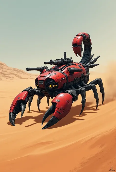 Scorpion、weapons、The head is the cockpit、 desert、Fast movement、Gatling Gun、big claws 、 red and black camouflage、 missile launcher