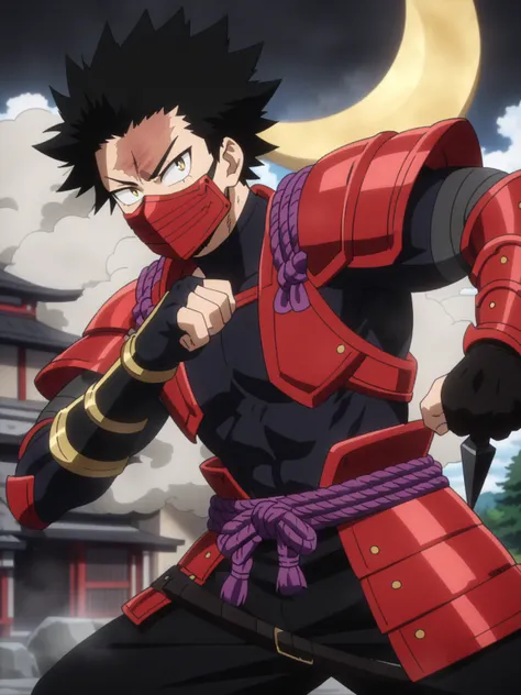 (masterpiece, best quality, anime, anime coloring:1.3, superhigh res). ((Male Samurai superhero as MHA character, sexy, happy, small smile, lean, athletic build with toned muscles, honed from intense swordsmanship training. His hair is dark crimson with st...