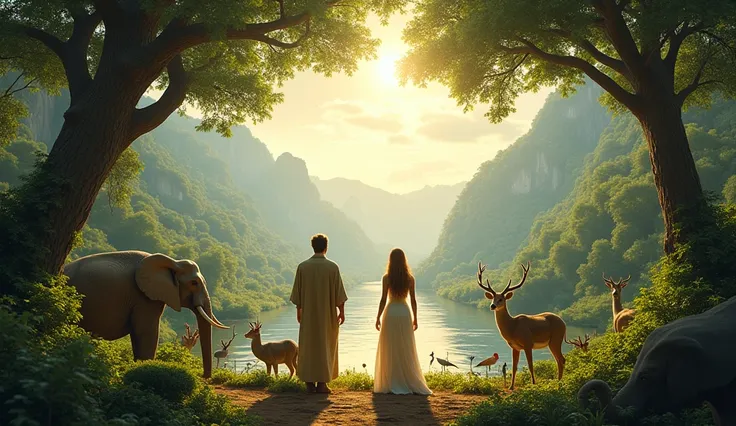 : "A peaceful paradise with lions, deer, elephants, and birds living in harmony. In the center, a man and a woman of adam and eve of the bible times standing in awe of creation." with realistic view