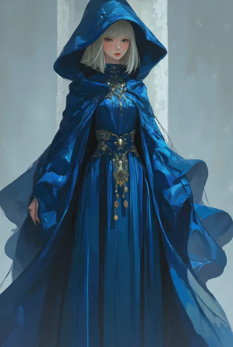 A tall girl with short blond hair, black eyes and a wide nose. deep azure blue wizard outfit. with deep azure blue wizard hat