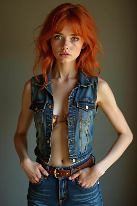 Créer une belle jeune femme rousse sensuelle, 16 ans, type caucasien, très mince, anorexique, petits seins, cheveux courts ondulés, position de face debout, visage juvénile, yeux vert émeraude, ranch du Texas, elle est vêtue d'un petit débardeur denim à la...