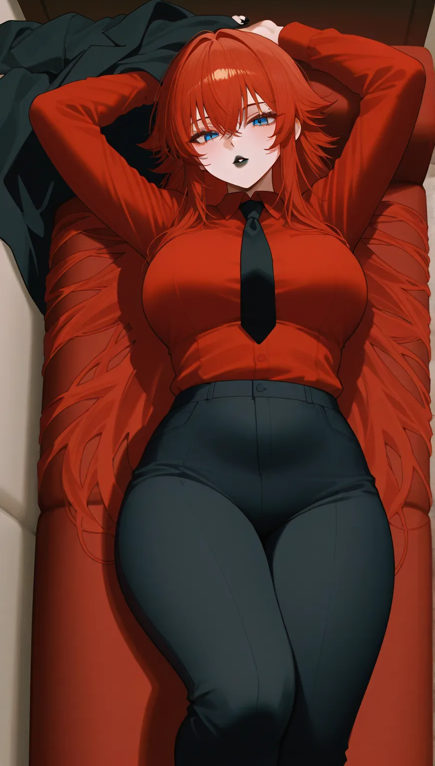 score_9,score_8_above,score_7_above, score_6_above,  source _anime, 1 mature _fe, Only 1 woman,   lying on a red couch  ,   Seductive look,    red hair,  very long hair  ,  thin, ironed hair  ,   blue eyes,  plump lips,  black lips, Black lipstick, Beautif...